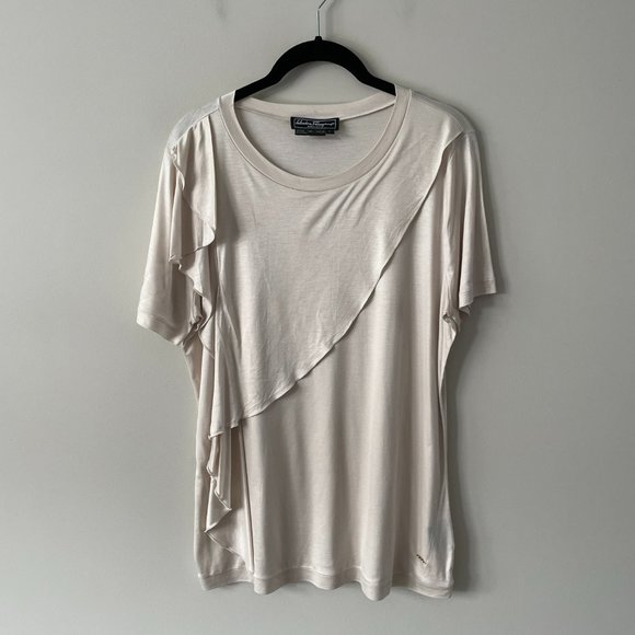 Salvatore Ferragamo Short Sleeve Ruffles Round Neck Casual Blouse Cream Large - Picture 2 of 7